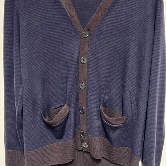 CARDIGAN Brand 100 Merino Wool Boyfriend Button Cardigan Navy Brown Sz L - Picture 3 of 5